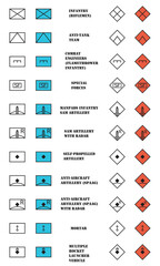 set of vector icons representing tactical symbols of military units, for designing military tactical maps and scenes
