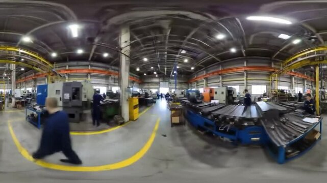 Wide, 360? view of an industrial facility, with machines, workers, and safety markings