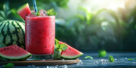 Refreshing summer watermelon drink garnished with mint in a lush outdoor setting on a sunny day