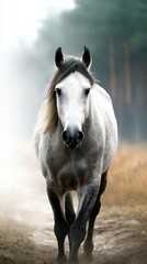 Obraz premium White horse walking along a misty forest path in the early morning light