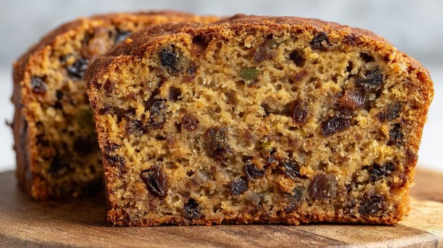   A close-up shot of a loaf of fruit bread on a cutting board with a single slice removed from the bread