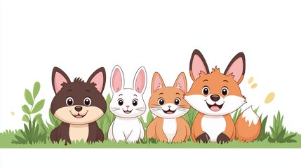 Cute Cartoon Animals Friendly Group, Fox, Rabbit, Cat, and Dog Characters on Green Grass Background