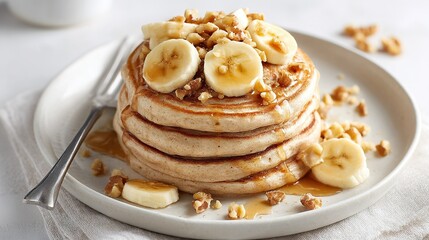   Stacked Pancakes with Bananas & Walnuts | White Plate | Fork & Coffee