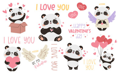 A set of flat vector illustrations in a simple children's style. Cute illustrations for valentine's day. Cute pandas with hearts, flying on balloons and jumping out of a box, inscriptions i love you