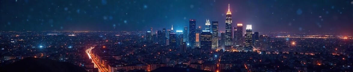 Dazzling city skyline at night, twinkling stars reflecting in skyscraper windows, vibrant nightlife energy , panorama, scene, glitter