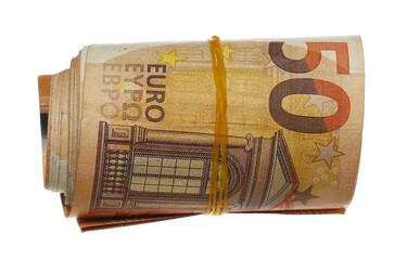 Money rolls flying, rolled up fifty euro banknotes, bills tied up with rubber band isolated on white background