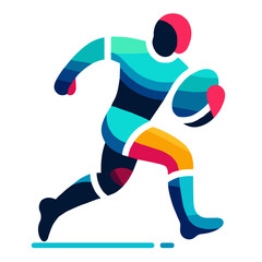 Stylized rugby player sprinting with ball in bright modern vector design on transparent background symbolizing energy, speed, and competitive spirit in rugby sport