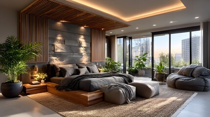 Rustic modern bedroom featuring textured wood accents high resolution image