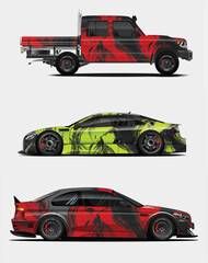 Three Unique Car Wrap Designs with Abstract Brush Strokes