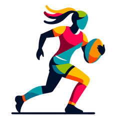 Dynamic female rugby player running with ball in colorful modern vector design on transparent background representing athleticism, energy, and women’s sports