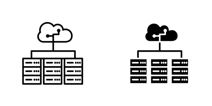 Data center icon, Technology icon on white background. Information technology. Digital communication. Device icon. Global network connection. 