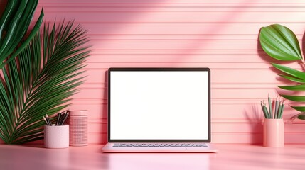 Modern workspace with laptop on pink table surrounded by greenery, perfect for creative projects and remote work setups