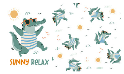 Set of vector prints for printing on children's products. Cute crocodile in swim trunks and sunglasses, caption. Seamless vector pattern. Vector illustration