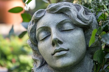 Obraz premium Face statue of Hera, A detailed face statue of Hera, showcasing her regal features and intricate craftsmanship