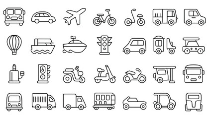 Vector icon set of kitchen utensils and transportation vehicles