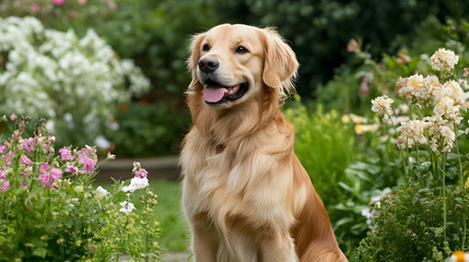un perro fiel amigable y alegre sonriente paseando entre el campo entre las plantas y flores compañero perro fiel amigable jugueton