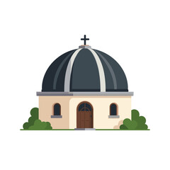Minimalist Illustration of a Small Church with a Dome and Cross on Top Surrounded by Green Bushes