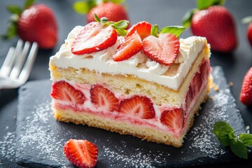 Delicious strawberry cake slice garnished with cream and fresh strawberries