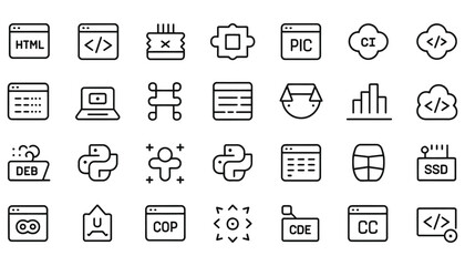 Business and finance icon set: a vector symbol collection for web, office, and communication, featuring illustrations of technology like laptops, phones, and email