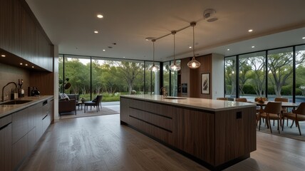 Modern open-plan kitchen with views of a garden and pool