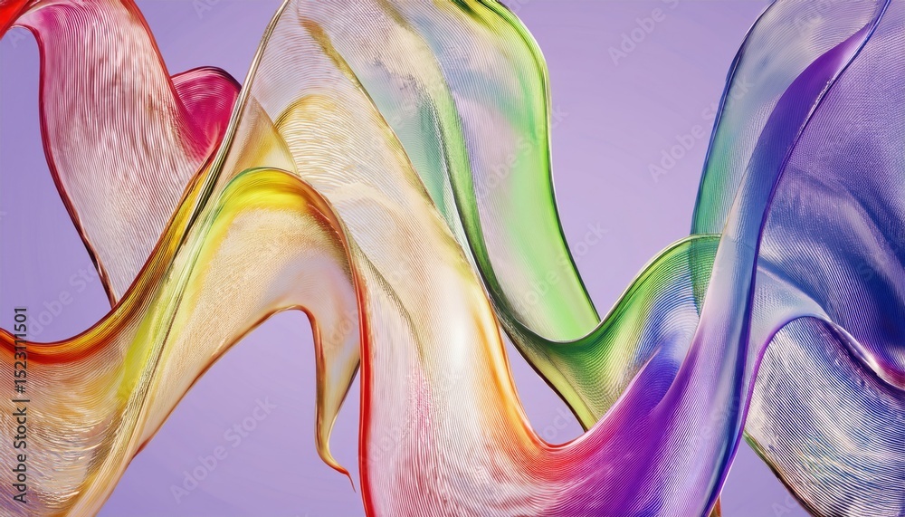 Poster abstract flowing ribbons in rainbow colors on soft lavender background, 3d render with translucent texture for web design, print poster, branding element, digital art, or wallpaper use


