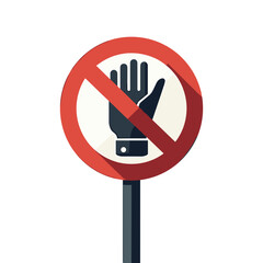 No Entry Sign with Hand Symbol in Red Circle on a Pole, Vector Illustration for Prohibition and Restriction