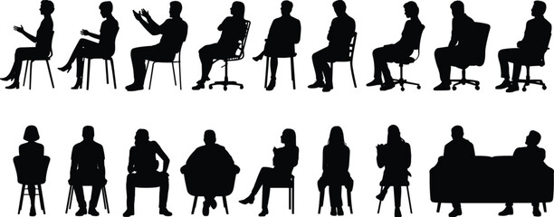 People sitting silhouette, office chair vector, discussion posture, meeting people seated, vector characters sitting poses, business conversation, vector illustration