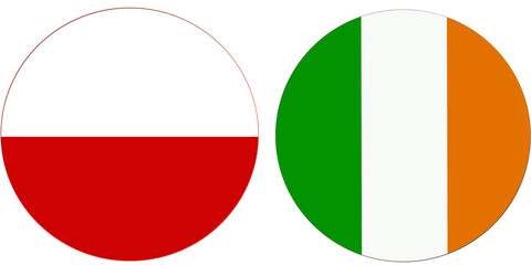 Poland Official flag with Ireland national flag, both countries flags in Round shape and isolated on white background
Circular colorful design Flag with together.