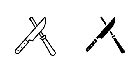 Obraz premium Crossed knife and sharpener flat icon for web. Kitchen knife and sharpening steel sign web icon silhouette with invert color. Knife and knife sharpener solid black icon vector design cartoon clipart