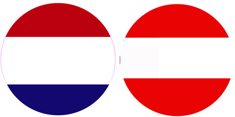 Netherland Official flag with Austria national flag, both countries flags in Round shape and isolated on white background
Circular colorful design Flag with together.