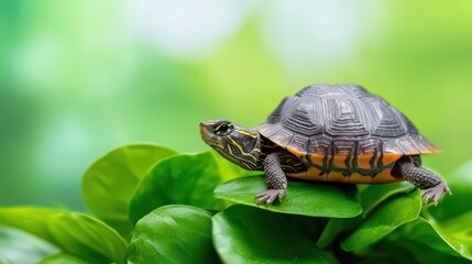 Obraz premium Close-up of a Turtle on Fresh Green Leaves Surrounded by Soft Natural Light in a Serene Outdoor Environment