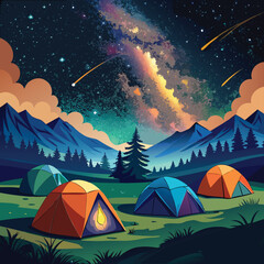 Camping under the Milky Way with shooting stars in the mountains
