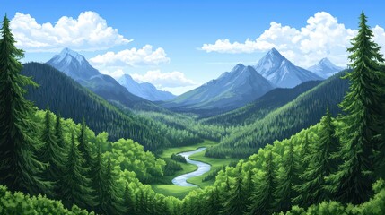 Fototapeta premium Lush Green Valley with Serene River Flowing Through Majestic Mountains Under Bright Blue Sky and Whimsical Clouds