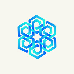 Modern blue hexagonal geometric abstract vector symbol with interlocking shapes for corporate branding and logos
