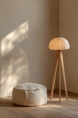 Cozy minimalist interior with soft pouf and wooden floor lamp in japandi style