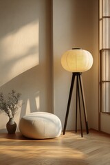 Cozy minimalist interior scene with elegant floor lamp and pouf in japandi style
