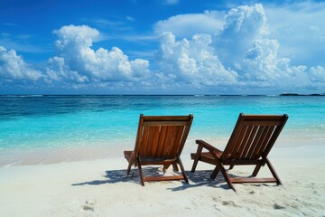 Relaxing beach chairs overlooking turquoise waters on a sunny day