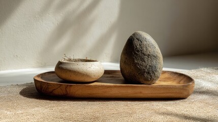 Minimalist home decor with natural stones and wooden tray for tranquil interior design