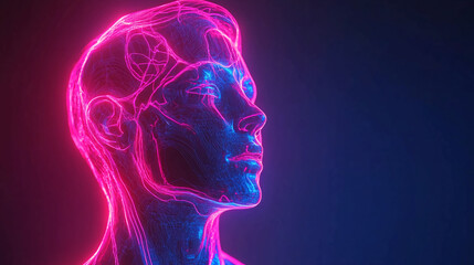 Futuristic neon human head profile glowing in pink and blue cyber technology ai artificial intelligence concept