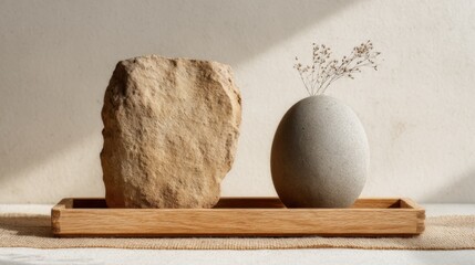 Minimalist zen decor with stone and egg vase on wooden tray for tranquil spaces