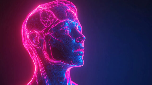 Futuristic neon human head profile glowing in pink and blue cyber technology ai artificial intelligence concept