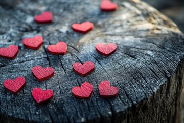 Fototapeta premium Decorative red hearts arranged on a wooden stump in a natural setting