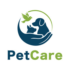 Pet Care Logo Hand with Dog Cat Bird Animal Protection