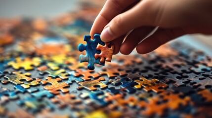 A hand places a colorful puzzle piece.