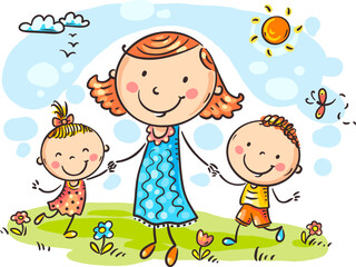 Doodle family walking in nature. Cartoon mother and children outdoors activities clipart. Summer season