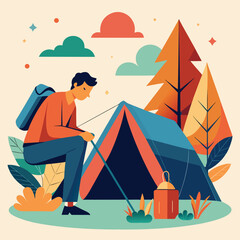 Fototapeta premium Flat Vector Illustration of a Man Setting Up Camp in Nature