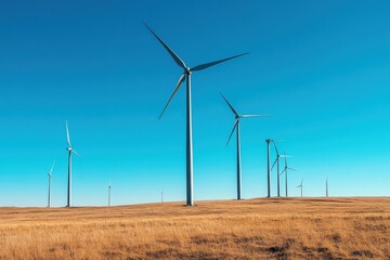Fototapeta premium Wind turbines generate renewable energy on a clear day in a vast landscape
