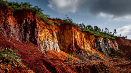 Red bauxite rock formation in tropical quarry with exposed iron-rich layers