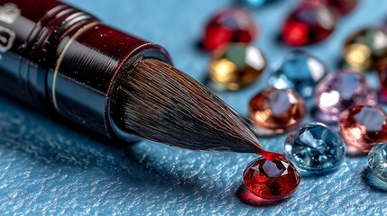 Brush Applying Liquid to Faceted Gems on Textured Surface, Close-up