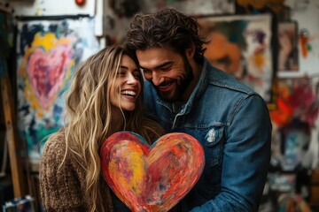 Obraz premium Joyful couple painting heart-shaped art together in a bright, cheerful studio